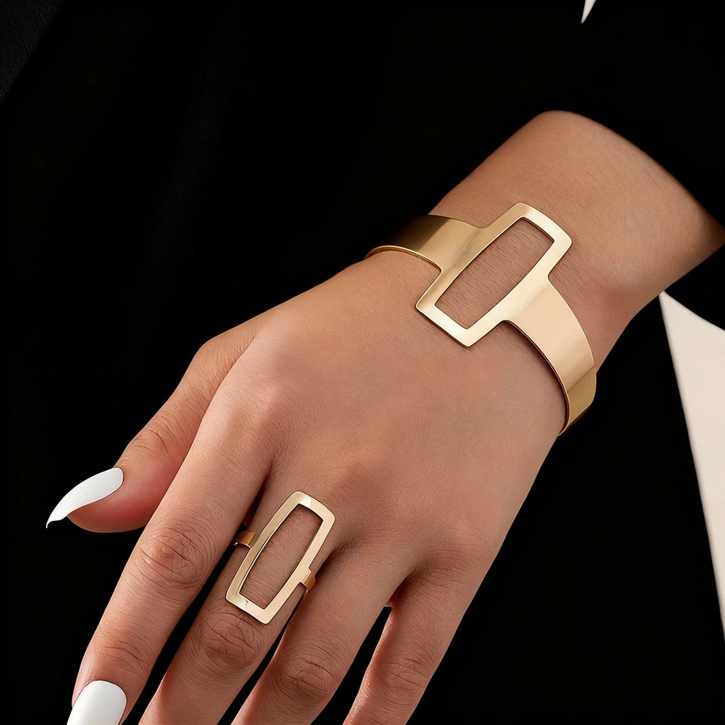 2 pçs nova moda design simples geométrico aberto pulseira anel conjunto, tendência personalizada feminina acessórios de festa de férias presentes