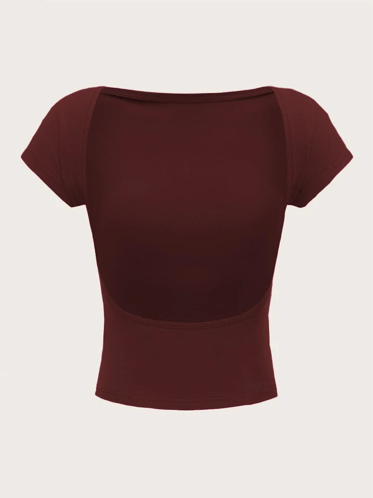 Camiseta feminina gola redonda sem costas manga curta