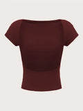 Camiseta feminina gola redonda sem costas manga curta