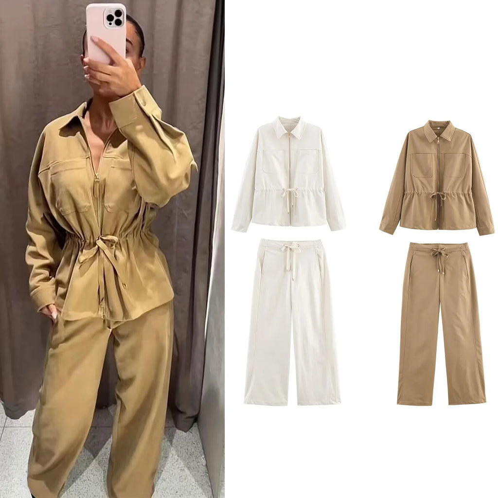 Conjunto feminino causal calças ternos mangas compridas jaquetas + calças com cordão conjunto cáqui
