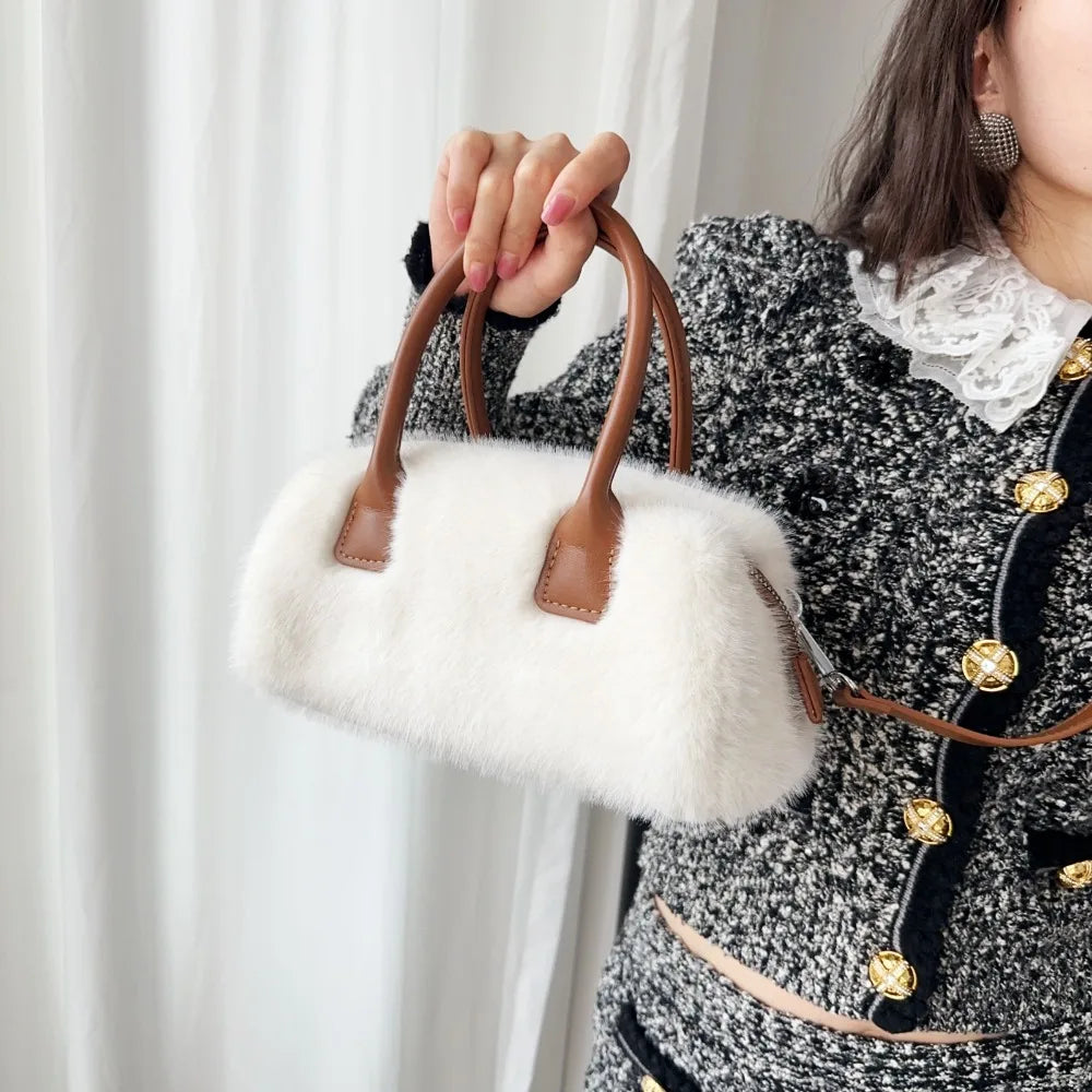Bolsa design luxo macio pelúcia alça feminina