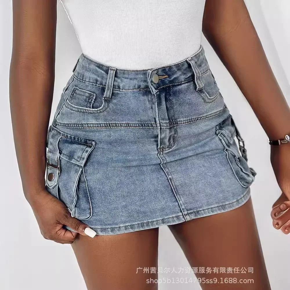 Saia curta jeans feminina, saia de carga