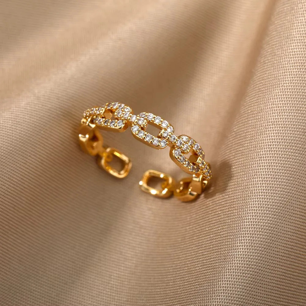 Anéis de cristal de aço inoxidável banhados a ouro para mulheres corrente geometria zircão anel de dedo jóias presente anillos mujer 2025 nova moda