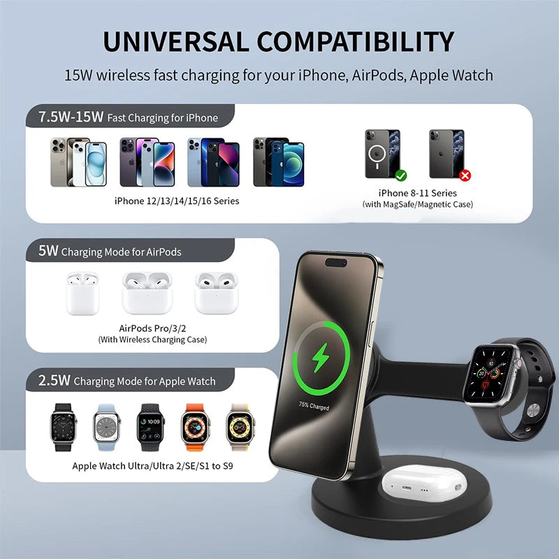 Suporte de carregador magnético sem fio 3 em 1 para magsafe iphone 16 15 14 13 pro max apple watch 9 8 airpods pro