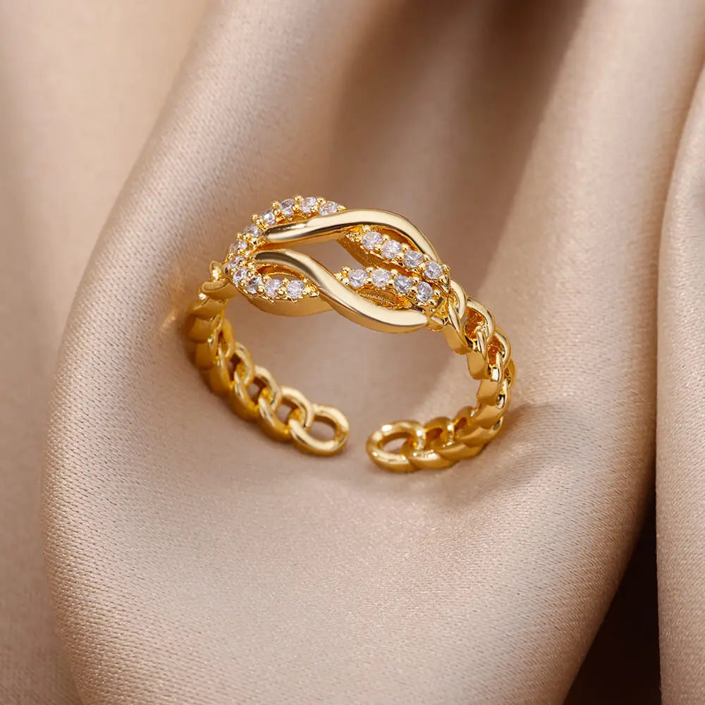 Anéis de cristal de aço inoxidável banhados a ouro para mulheres corrente geometria zircão anel de dedo jóias presente anillos mujer 2025 nova moda