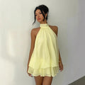 Vestido Feminino Halter Neck, Saia Mini de Chiffon Transparente com Amarração Frontal e Costas Abertas, Vestido de Festa de Aniversário Y2K Vintage Sexy e Moderno