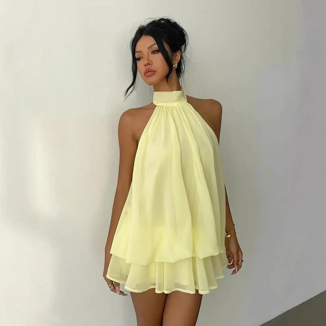Vestido Feminino Halter Neck, Saia Mini de Chiffon Transparente com Amarração Frontal e Costas Abertas, Vestido de Festa de Aniversário Y2K Vintage Sexy e Moderno