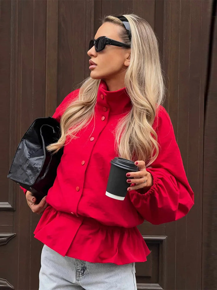 Conjunto de Duas Peças High Street: Jaqueta com Gola Alta e Botões,Calça Lisa com Cintura Elástica - Casual