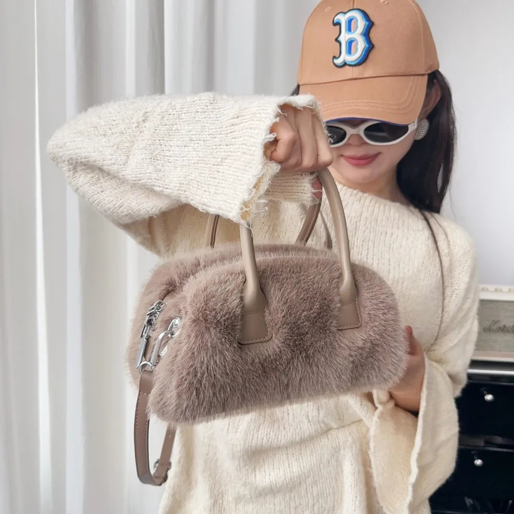 Bolsa design luxo macio pelúcia alça feminina