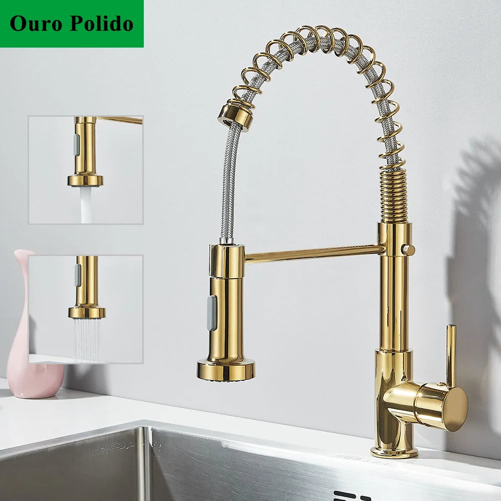 Torneira de cozinha cromada pull down, pia de cozinha, guindaste, bico giratório duplo, torneira misturadora de água quente e fria, instalação de deck