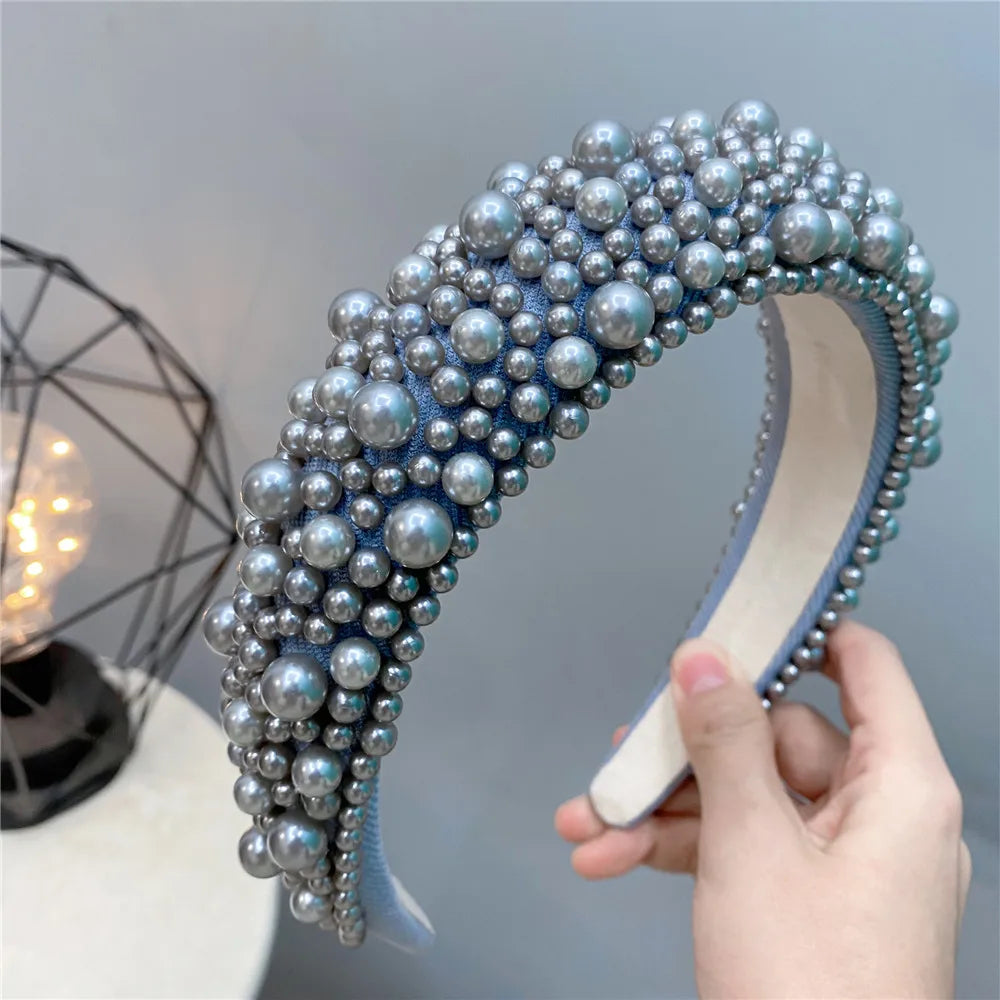 Tiara de Luxo Barroca para Mulheres, Acessório de Cabelo com Espuma Grossa e Pérolas