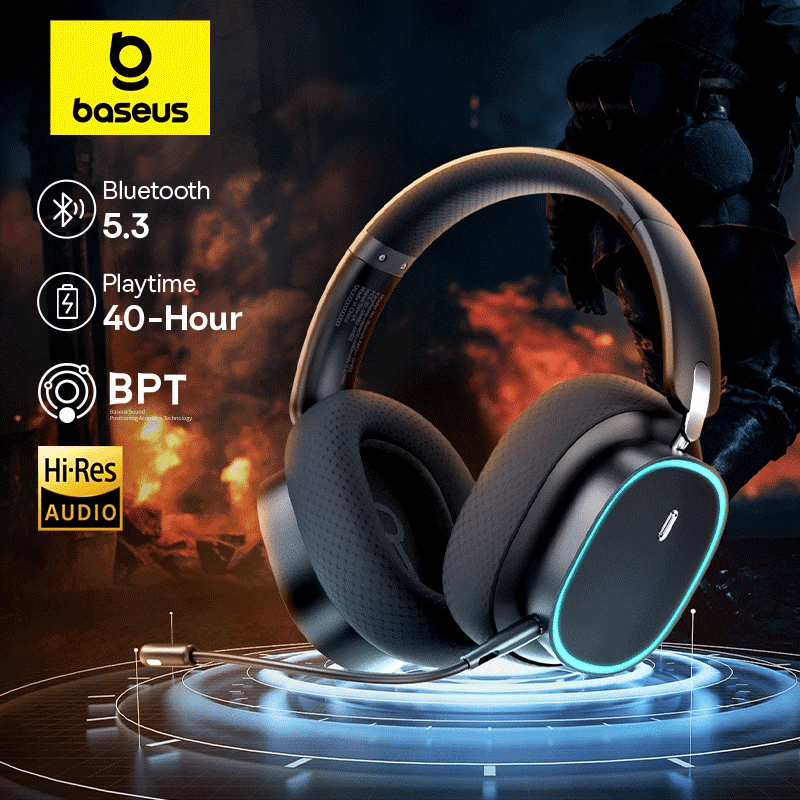 Baseus GH02 Gaming Wireless Headphone com microfone Over-Ear Fones de ouvido Bluetooth 5.3 40mm Driver 2.4G/Wireless/Cable RGB Fones de ouvido