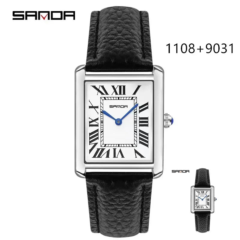 Sanda 9031/1108 pulseira de couro resistente mostrador quadrado à prova d'água esporte casual feminino masculino relógios de quartzo reloj relógio de casal de luxo