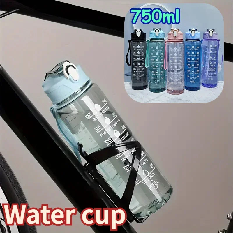 Garrafa de água esportiva motivacional com canudo, 750ml
