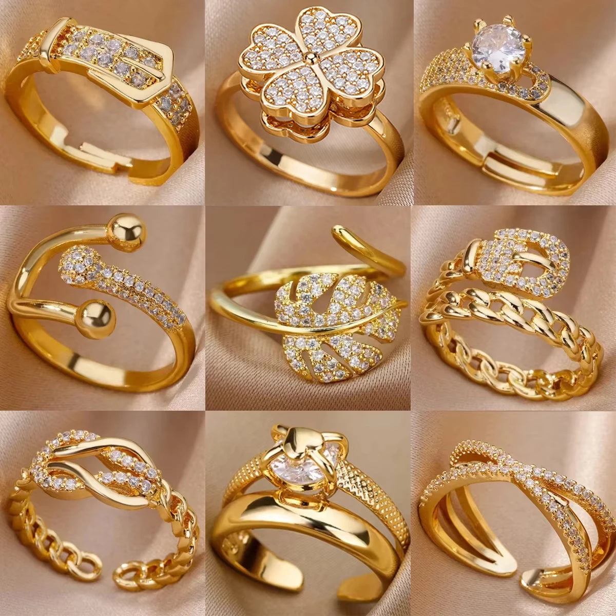Anéis de cristal de aço inoxidável banhados a ouro para mulheres corrente geometria zircão anel de dedo jóias presente anillos mujer 2025 nova moda