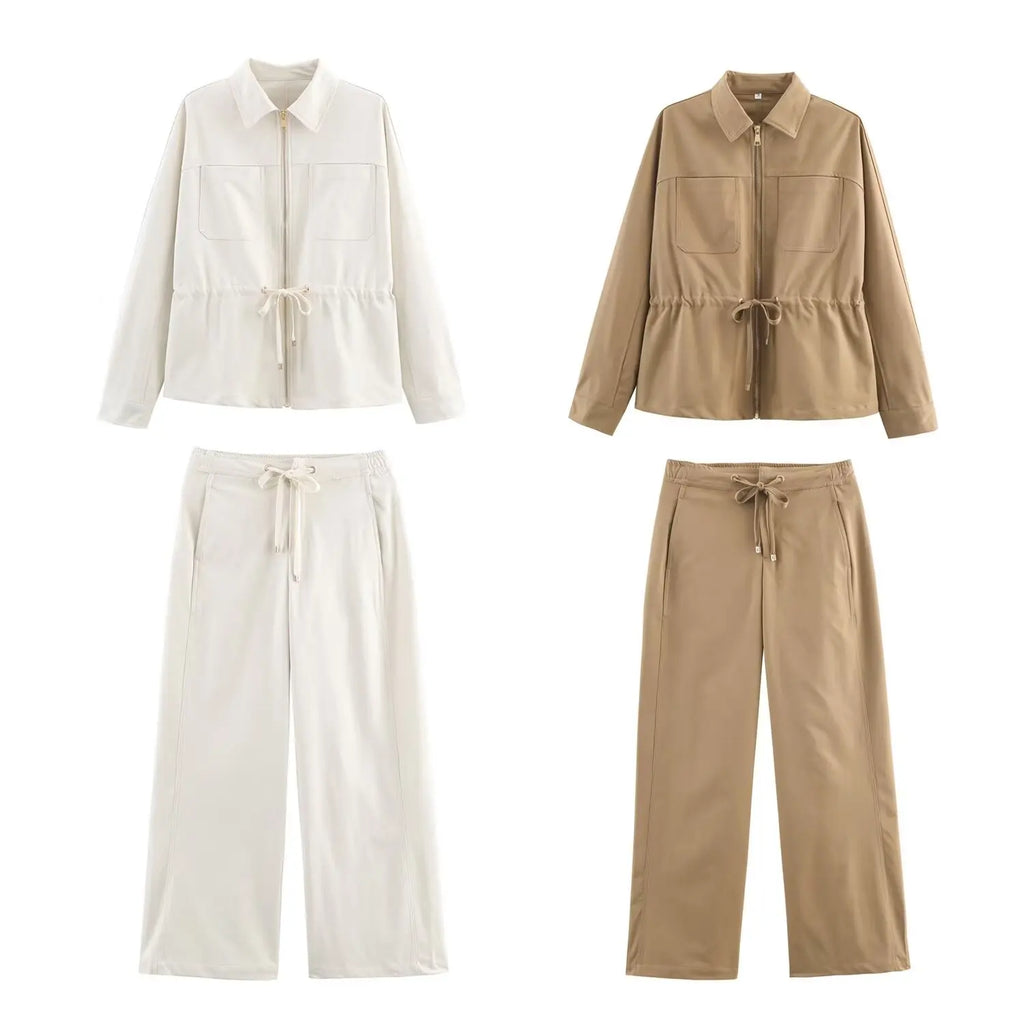 Conjunto feminino causal calças ternos mangas compridas jaquetas + calças com cordão conjunto cáqui