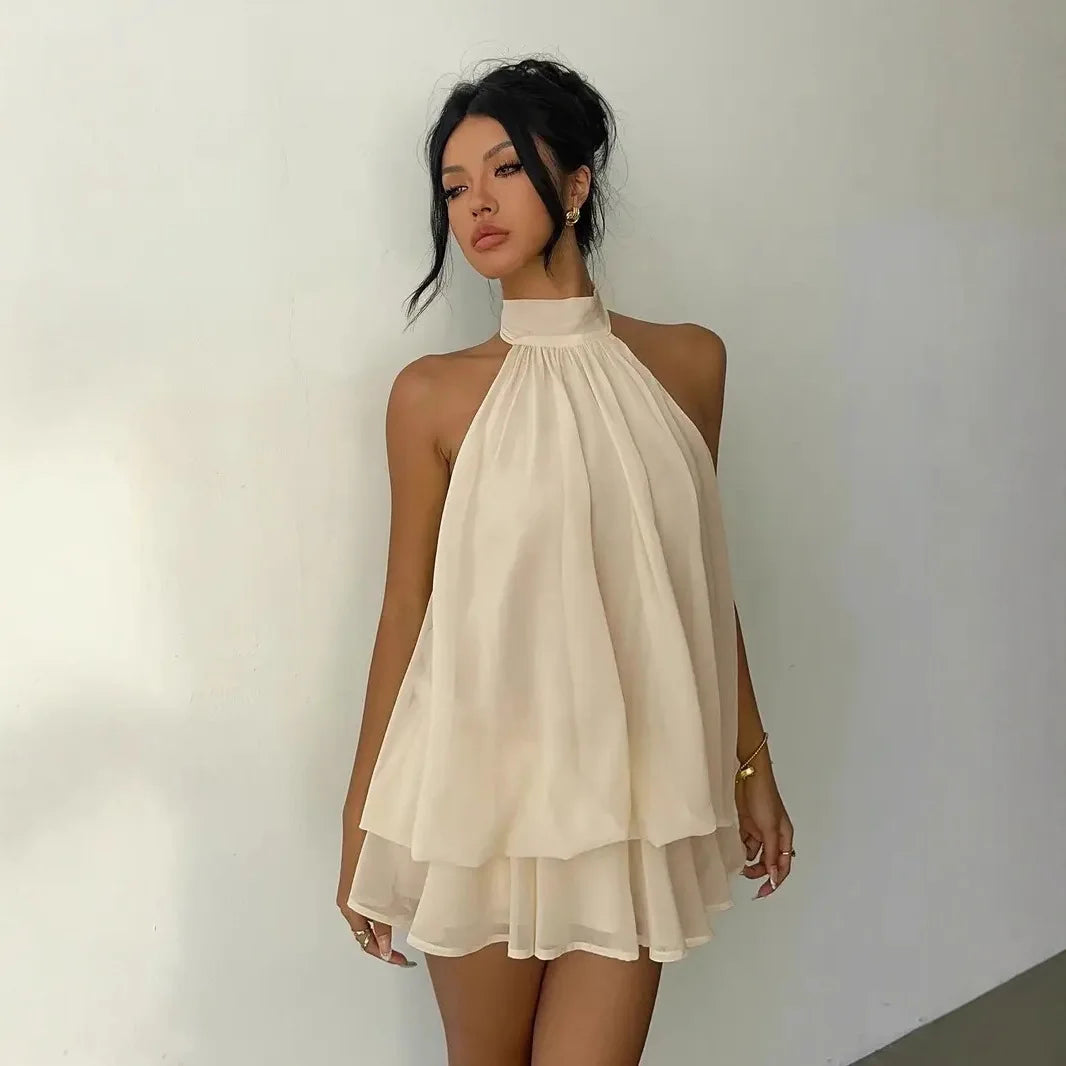 Vestido Feminino Halter Neck, Saia Mini de Chiffon Transparente com Amarração Frontal e Costas Abertas, Vestido de Festa de Aniversário Y2K Vintage Sexy e Moderno