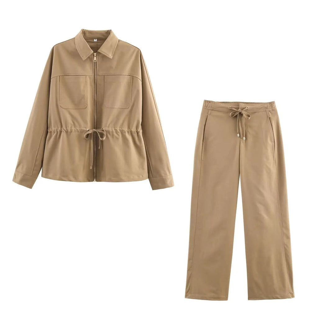 Conjunto feminino causal calças ternos mangas compridas jaquetas + calças com cordão conjunto cáqui