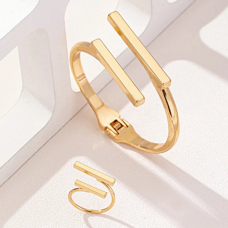 2 pçs nova moda design simples geométrico aberto pulseira anel conjunto, tendência personalizada feminina acessórios de festa de férias presentes