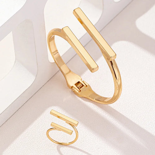 2 pçs nova moda design simples geométrico aberto pulseira anel conjunto, tendência personalizada feminina acessórios de festa de férias presentes