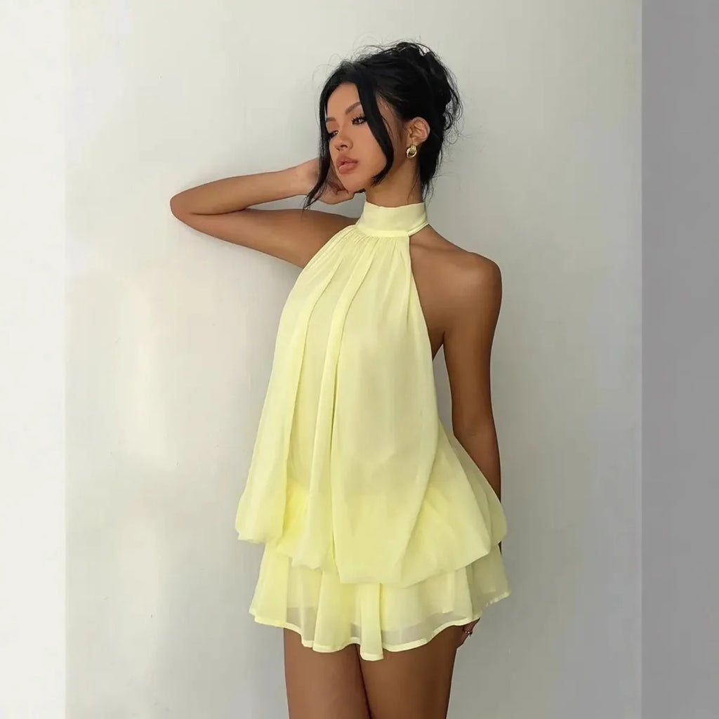 Vestido Feminino Halter Neck, Saia Mini de Chiffon Transparente com Amarração Frontal e Costas Abertas, Vestido de Festa de Aniversário Y2K Vintage Sexy e Moderno