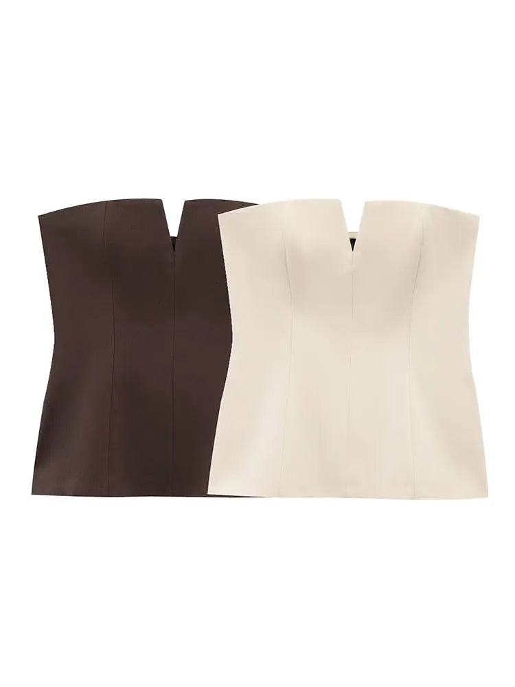 Top Corset Elegante Sem Alças para Mulheres com Decote em V Frontal