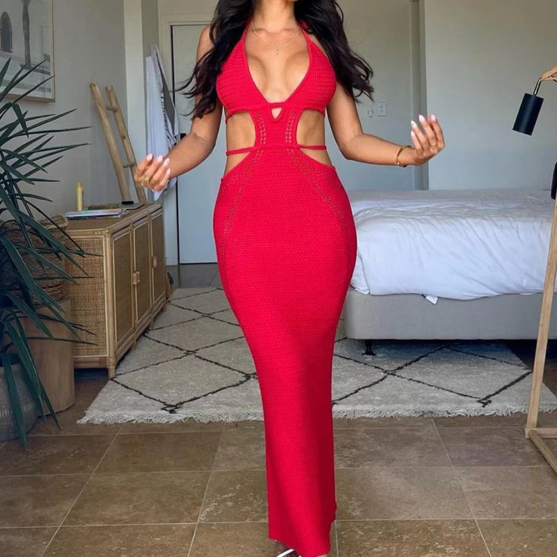 Sexy estilo oco para fora sem costas amarrar vestido feminino praia férias beachwear cobrir tricô sol banho protetor solar vestido longo