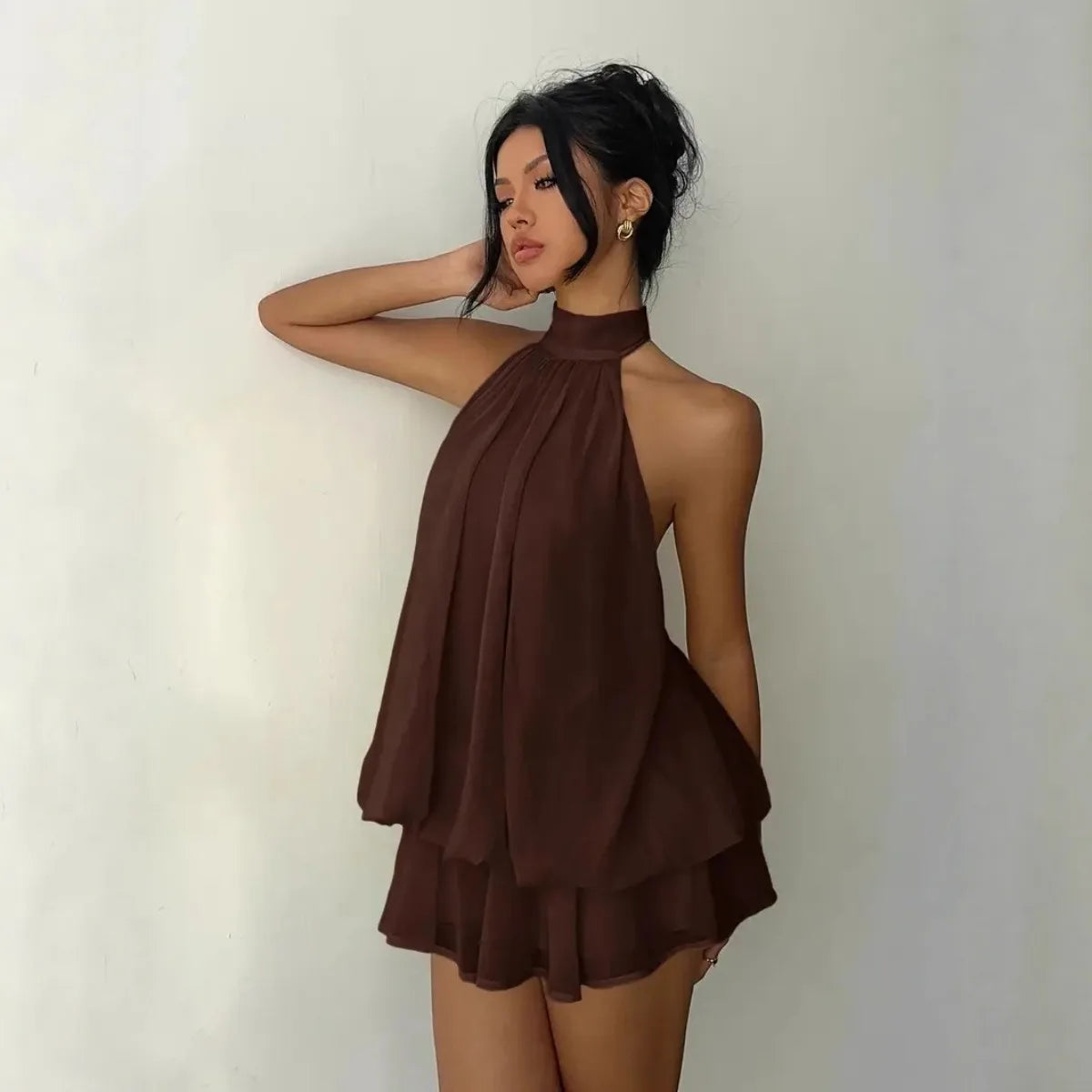Vestido Feminino Halter Neck, Saia Mini de Chiffon Transparente com Amarração Frontal e Costas Abertas, Vestido de Festa de Aniversário Y2K Vintage Sexy e Moderno