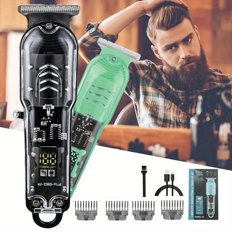 2025 nova máquina de cortar cabelo transparente display energia máquina de cortar cabelo barbeador elétrico masculino aparador para homem dropshipping