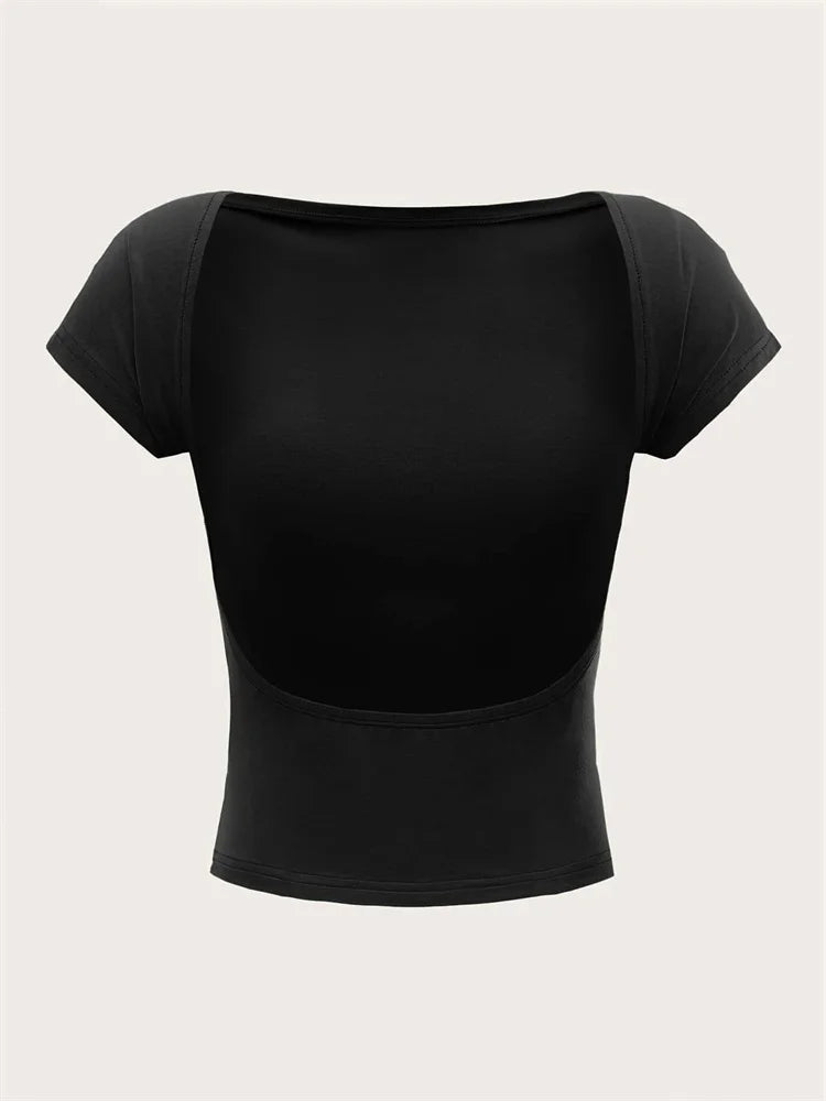 Camiseta feminina gola redonda sem costas manga curta