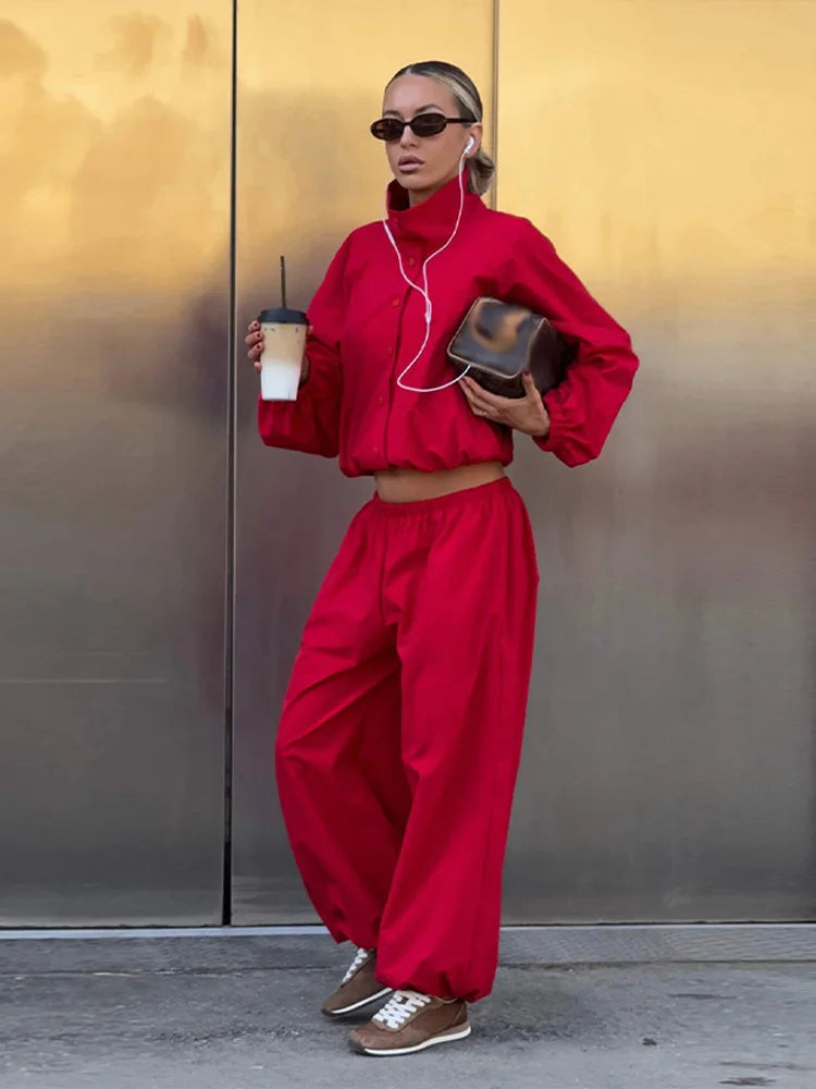 Conjunto de Duas Peças High Street: Jaqueta com Gola Alta e Botões,Calça Lisa com Cintura Elástica - Casual