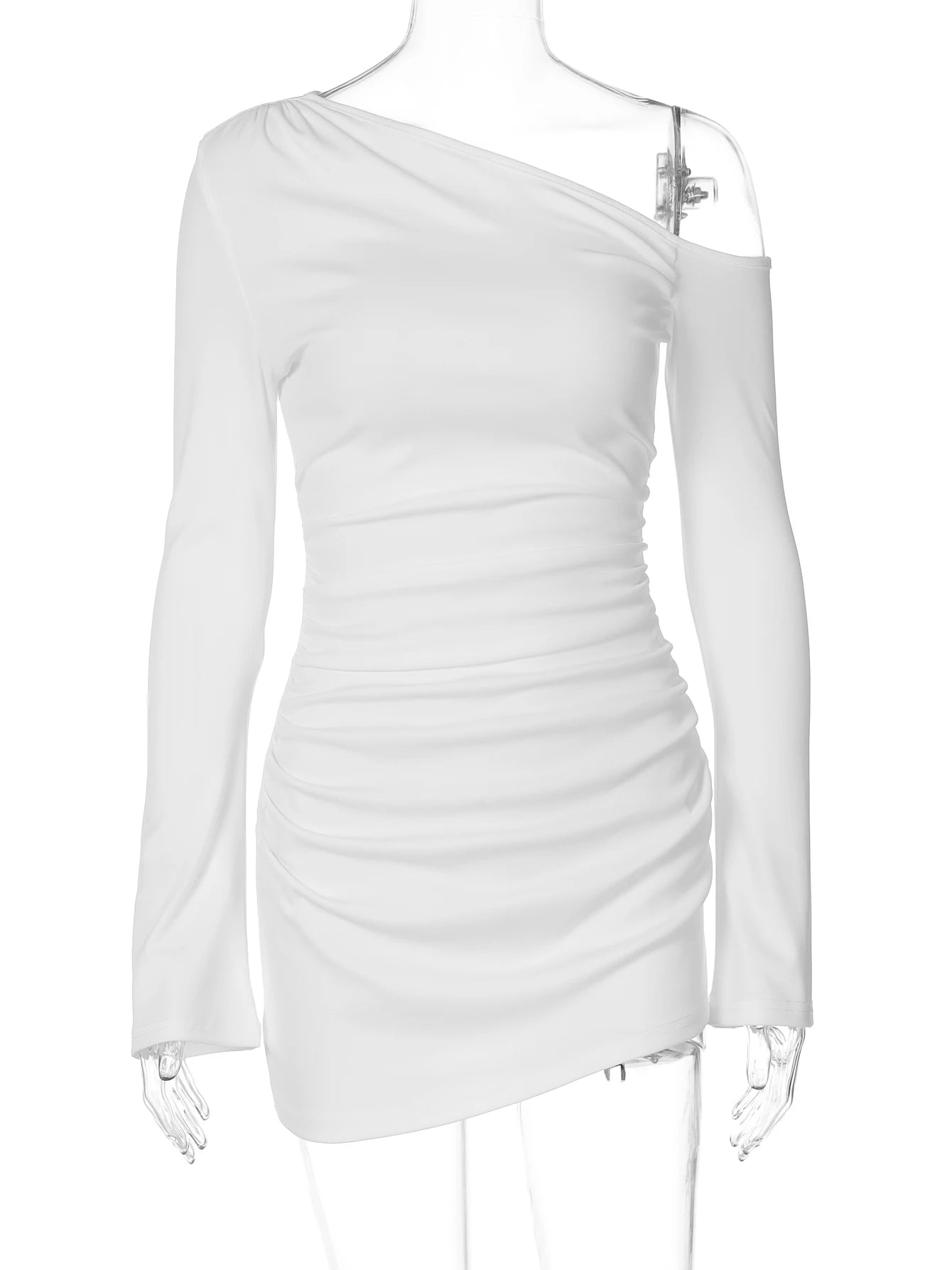 Dulzura ombro inclinado manga longa mini vestido feminino