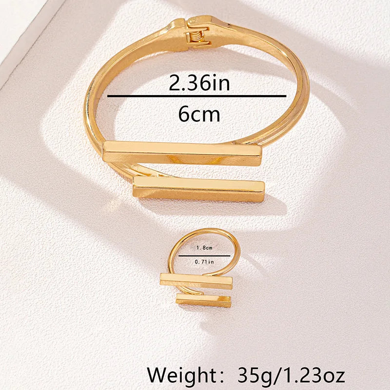 2 pçs nova moda design simples geométrico aberto pulseira anel conjunto, tendência personalizada feminina acessórios de festa de férias presentes