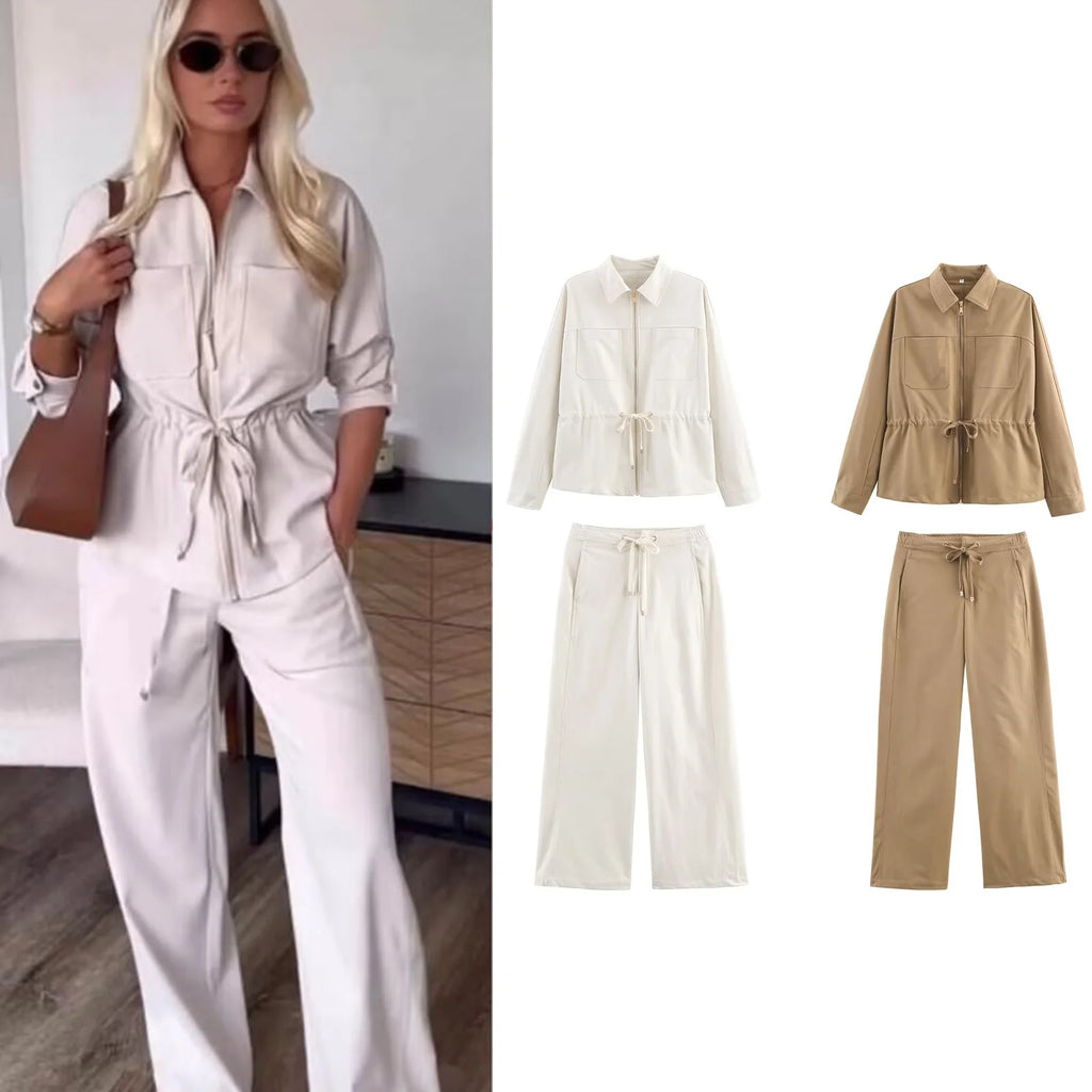 Conjunto feminino causal calças ternos mangas compridas jaquetas + calças com cordão conjunto cáqui