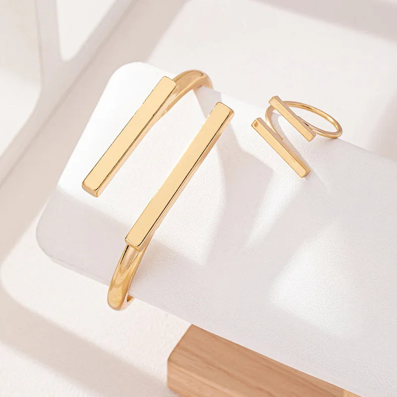 2 pçs nova moda design simples geométrico aberto pulseira anel conjunto, tendência personalizada feminina acessórios de festa de férias presentes