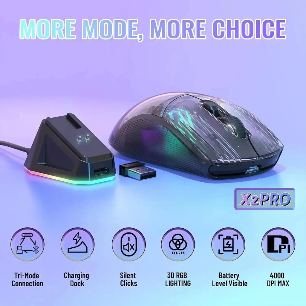 Mouse Attack Shark X2 Pro Tri-Mode Sem Fio Transparente