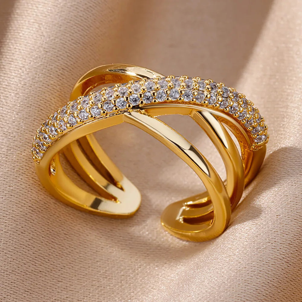 Anéis de cristal de aço inoxidável banhados a ouro para mulheres corrente geometria zircão anel de dedo jóias presente anillos mujer 2025 nova moda
