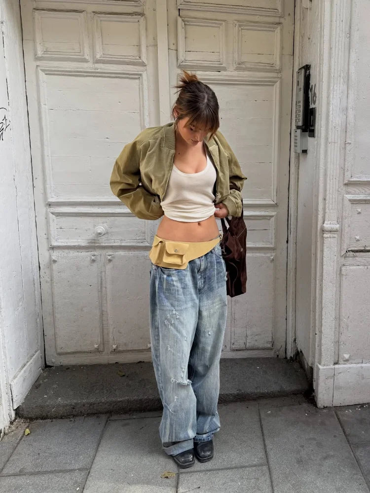 Jaquetas Bomber Cropped Femininas em Caqui com Gola Lapela, Fechamento Total com Zíper, Detalhes de Bolso, Manga Longa, Moda Casual Y2K