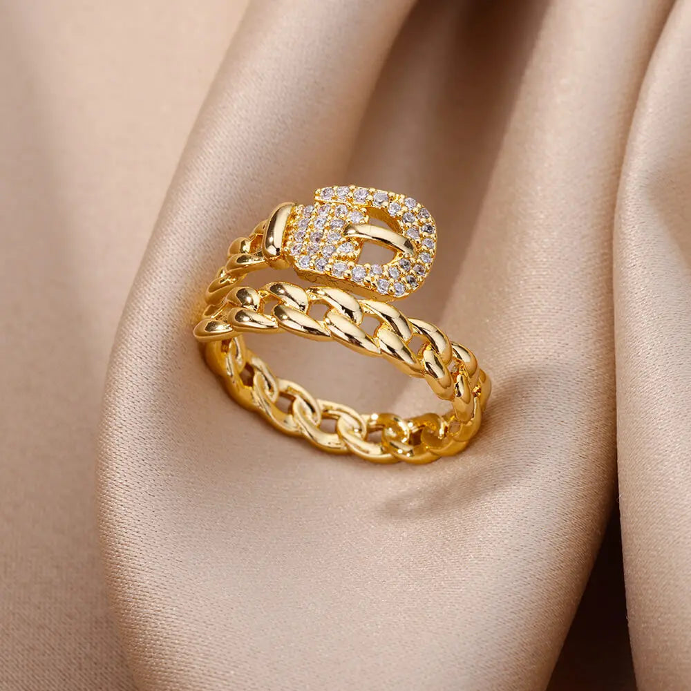 Anéis de cristal de aço inoxidável banhados a ouro para mulheres corrente geometria zircão anel de dedo jóias presente anillos mujer 2025 nova moda