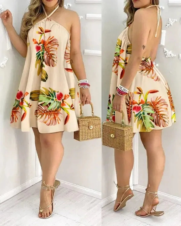 Vestido floral estampado halter pescoço boho sem costas vestido halter para primavera verão roupas femininas