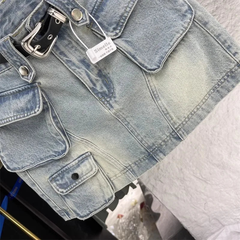 mini saia jeans retro azul bolsos fino ajuste envoltório