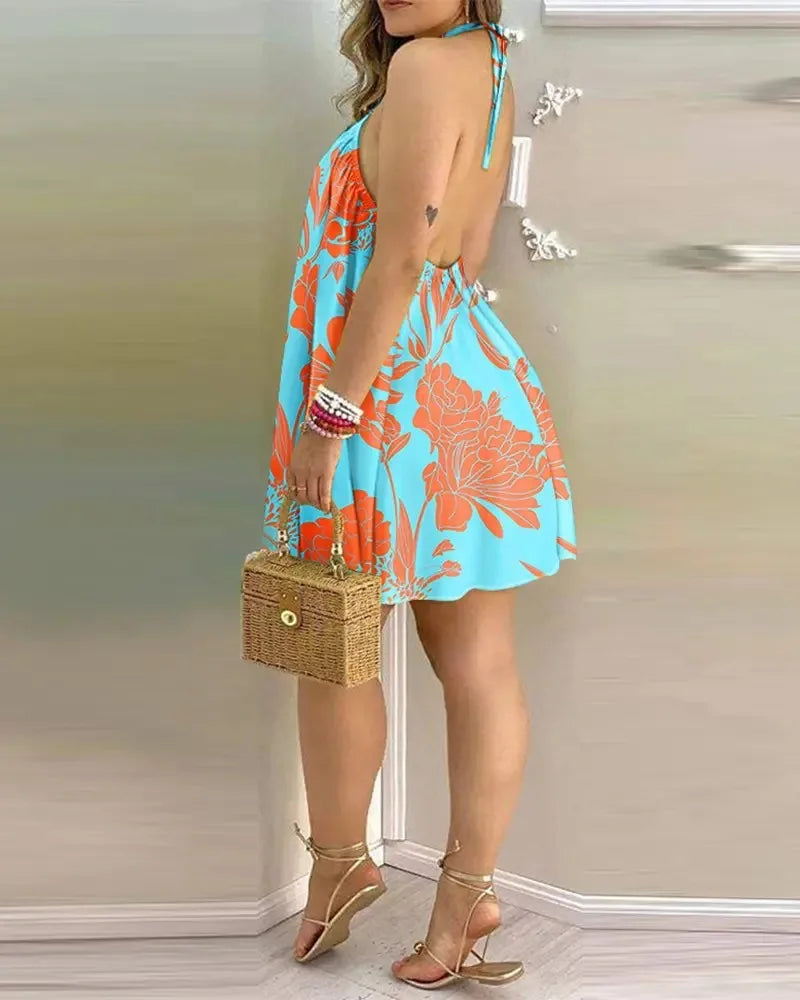 Vestido floral estampado halter pescoço boho sem costas vestido halter para primavera verão roupas femininas