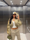 Jaquetas Bomber Cropped Femininas em Caqui com Gola Lapela, Fechamento Total com Zíper, Detalhes de Bolso, Manga Longa, Moda Casual Y2K