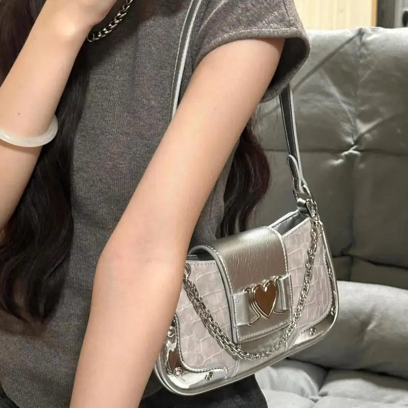 Bolsa Feminina Y2K Vintage com Corrente de Coração