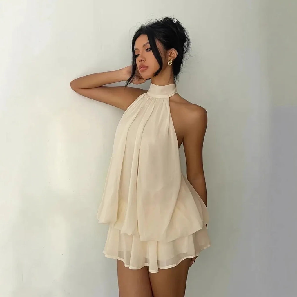 Vestido Feminino Halter Neck, Saia Mini de Chiffon Transparente com Amarração Frontal e Costas Abertas, Vestido de Festa de Aniversário Y2K Vintage Sexy e Moderno