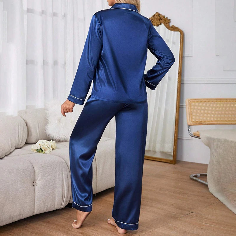 Pijamas femininos simples cetim conjunto de pijama manga longa botões
