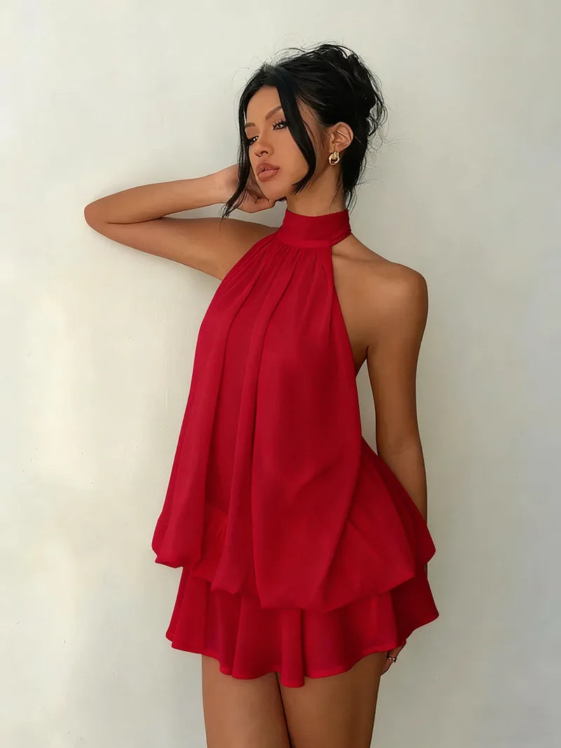 Vestido Feminino Halter Neck, Saia Mini de Chiffon Transparente com Amarração Frontal e Costas Abertas, Vestido de Festa de Aniversário Y2K Vintage Sexy e Moderno