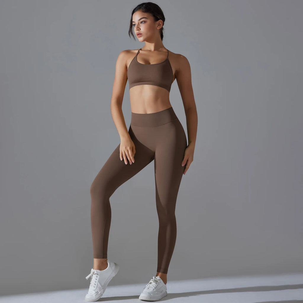 Conjunto fitness sem costura para mulheres top esportivo leggings