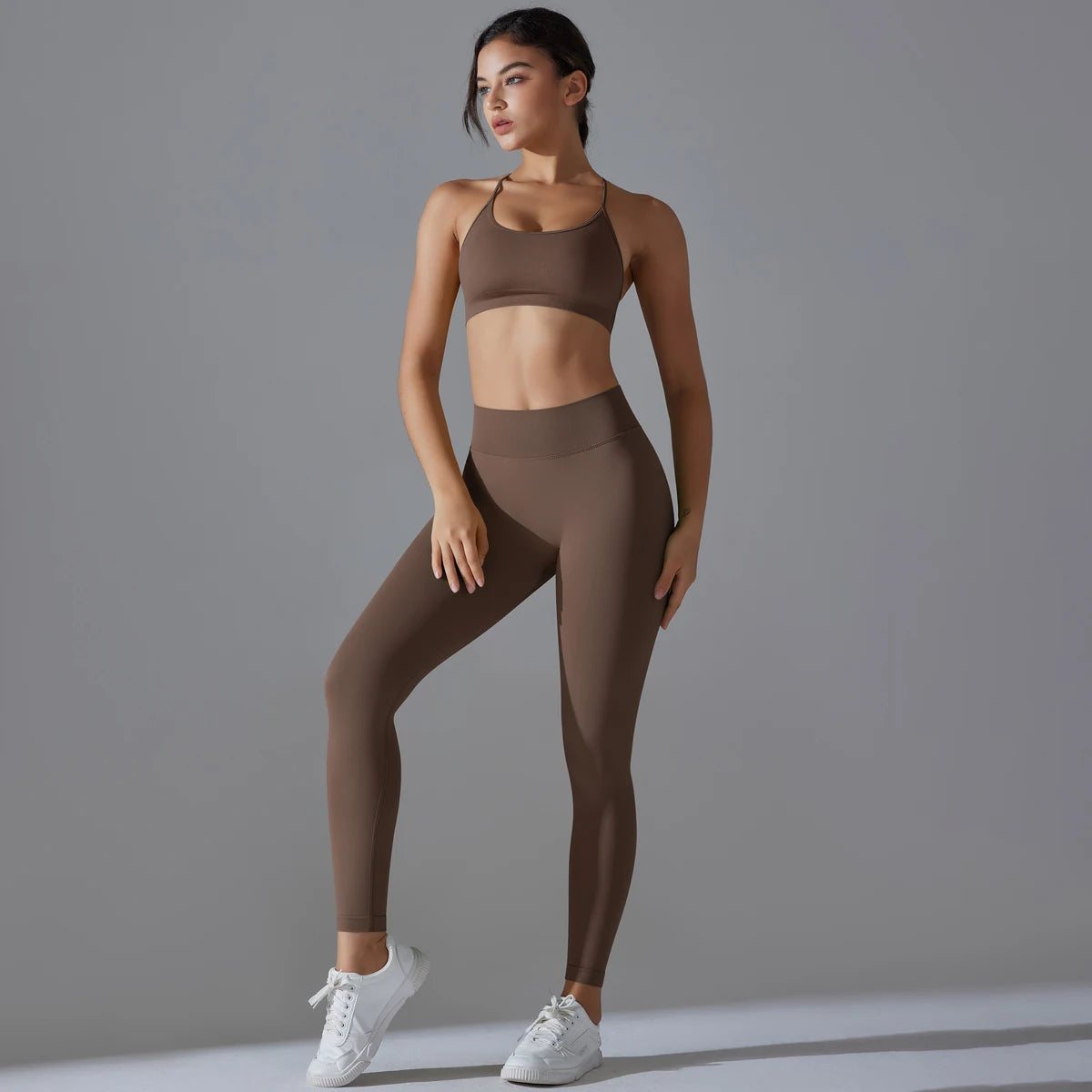 Conjunto fitness sem costura para mulheres top esportivo leggings