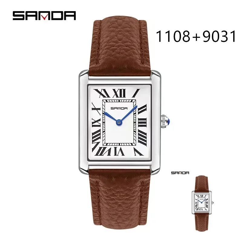 Sanda 9031/1108 pulseira de couro resistente mostrador quadrado à prova d'água esporte casual feminino masculino relógios de quartzo reloj relógio de casal de luxo